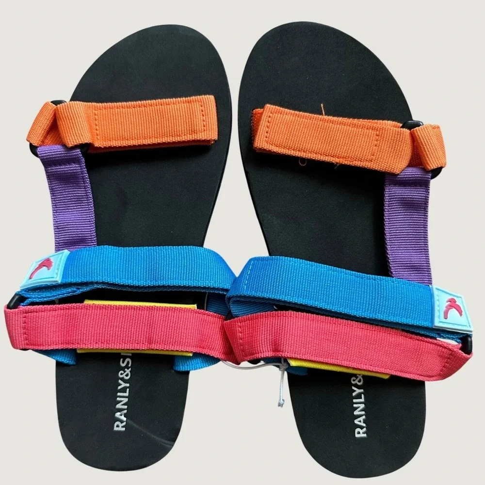 NWT Ranly&Smily Women Colorblock Strappy Sandals Blue pinkYellow Flat Size 8 NEW